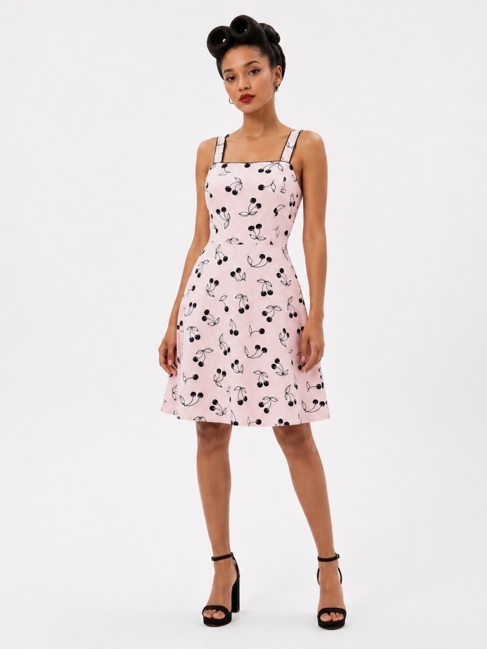 Vintage 90s Pink Cherry Print Dress Sz 12 Black Rockabilly Pinup Twee Retro